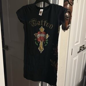 Black Tattoo Graphic T-Shirt with Gold and Red Design